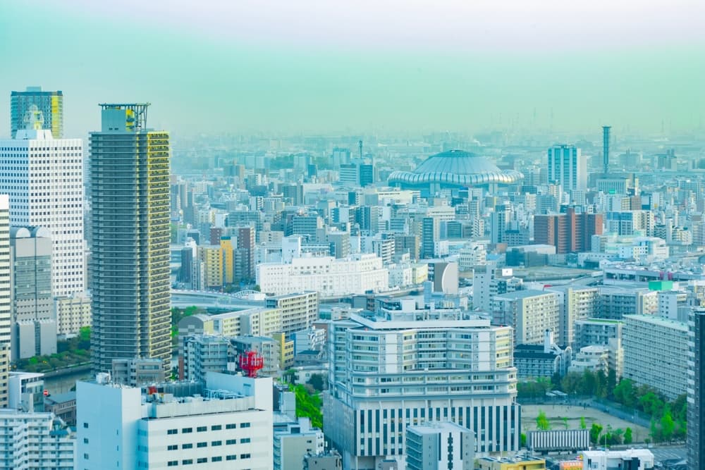 A dusk cityscape by high angle view near Kyocera dome in Osaka 