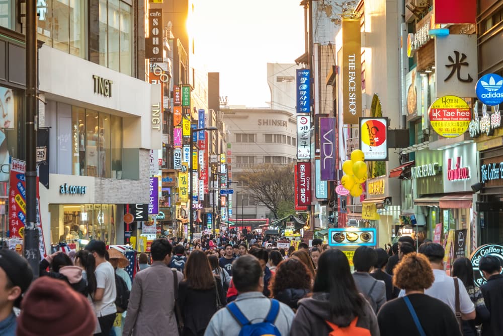Tourist at Myeong-dong shopping street, Seoul, South Korea