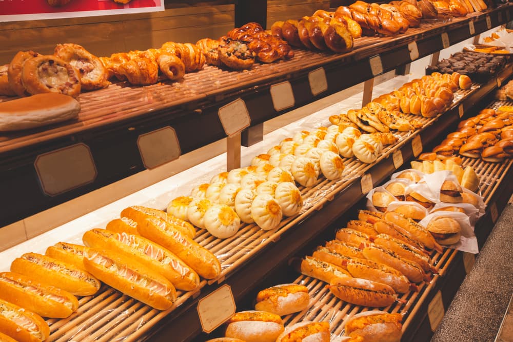 Beautiful display of a variety of bread at bakery shop in Japan