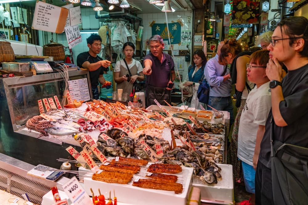 Seafood shop in Nishiki Market, a marketplace in Kyoto, Japan