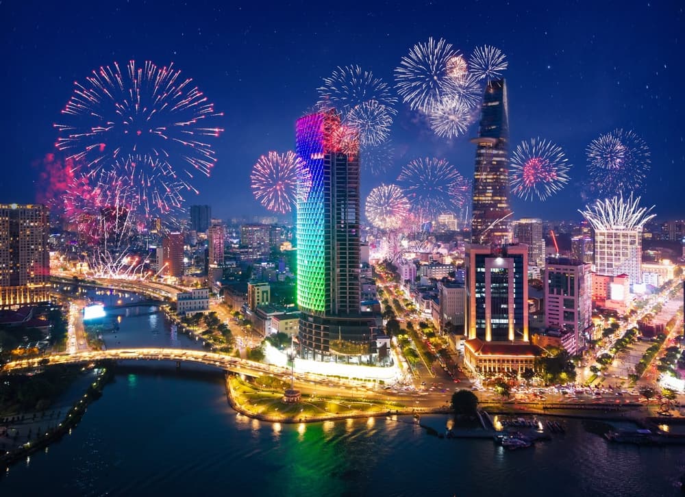Travelers celebrating New Year's Eve in a bustling city