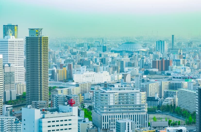 A dusk cityscape by high angle view near Kyocera dome in Osaka