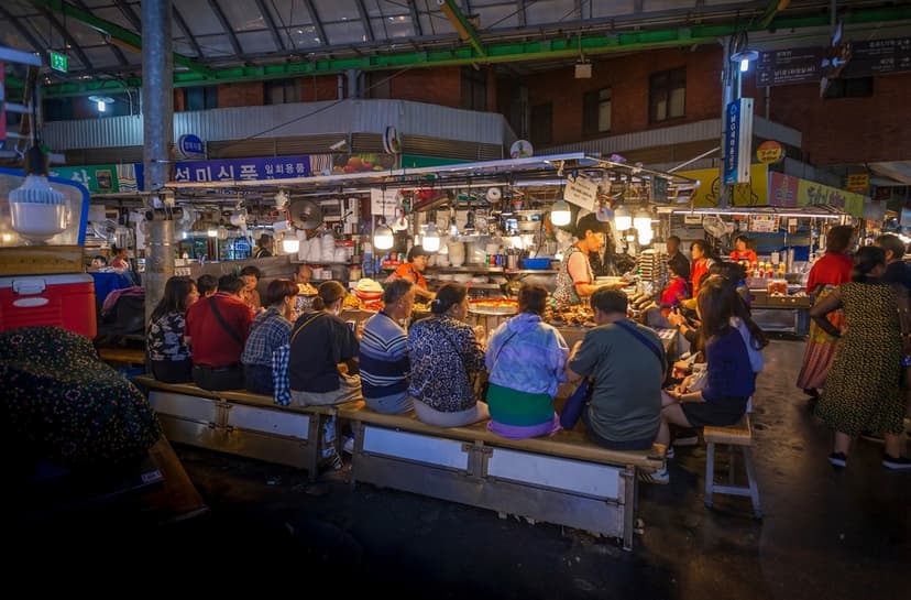 People dining on the Gwangjang Market one of the biggest food markets in Seoul